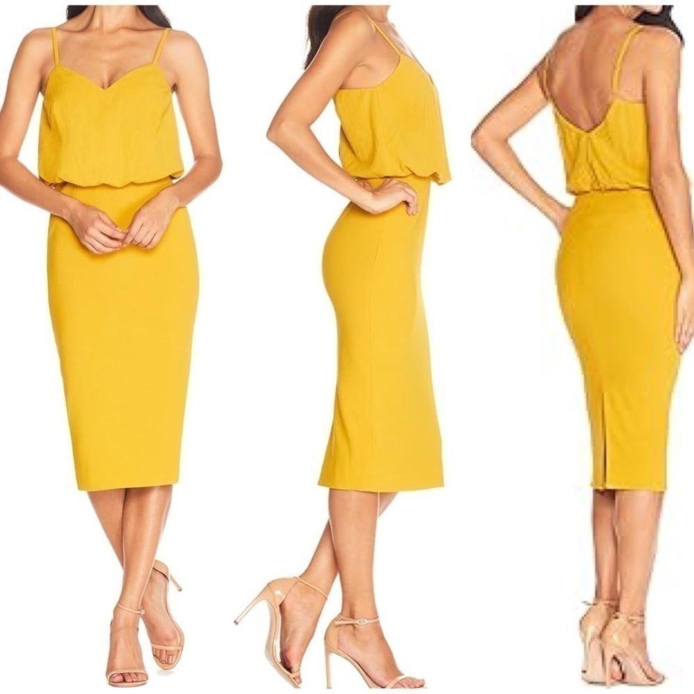 New Dress the Population Alondra Blouson Sheath Dress Marigold Yellow Sz XS